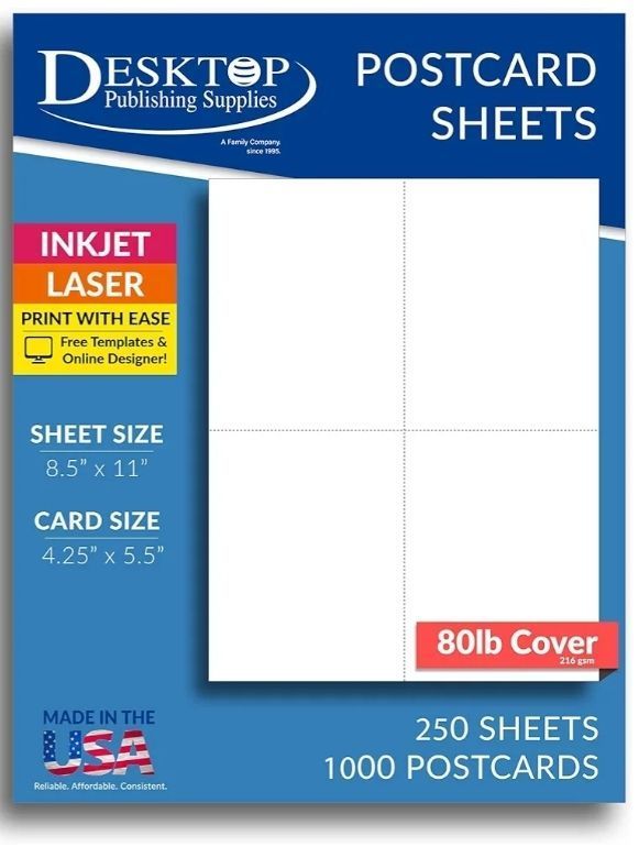 lot 37500 image: Heavyweight Blank Postcard Paper for Printing - White - 250 Sheets  1000 Postcards - Perforated 4 per sheet - Thick 80lb Cover Cardstock - InkjetLaser Printable - Retail $40