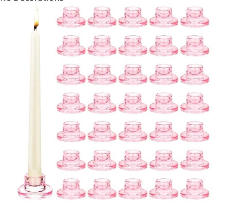 lot 37516 image: 36 PCS Glass Taper Candle Holders Bulk Pink Candlestick Holders Clear Short Tapered Candle Stick Holder Decor Set for Table Centerpiece Wedding Party Advent Christmas Home Decorations - Retail $41