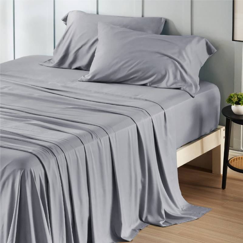 lot 37531 image: Full Size Bed Sheets, Cooling Sheets, Rayon Derived from Bamboo, PureWoven, Breathable & Soft, Deep Pocket Up to 16 Inches, Hotel Luxury Silky Bedding for Hot Sleepers, Silver Grey - Retail $72