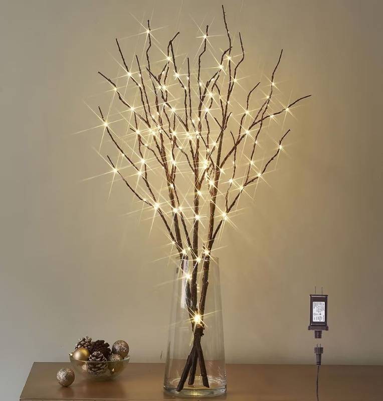 lot 37536 image: Lighted Brown Willow Branches 30IN 150 LED Plug in with Timer and Dimmer Tree Branch Lights with Warm White Lights for Holiday Christmas Home Decoration - Retail $40