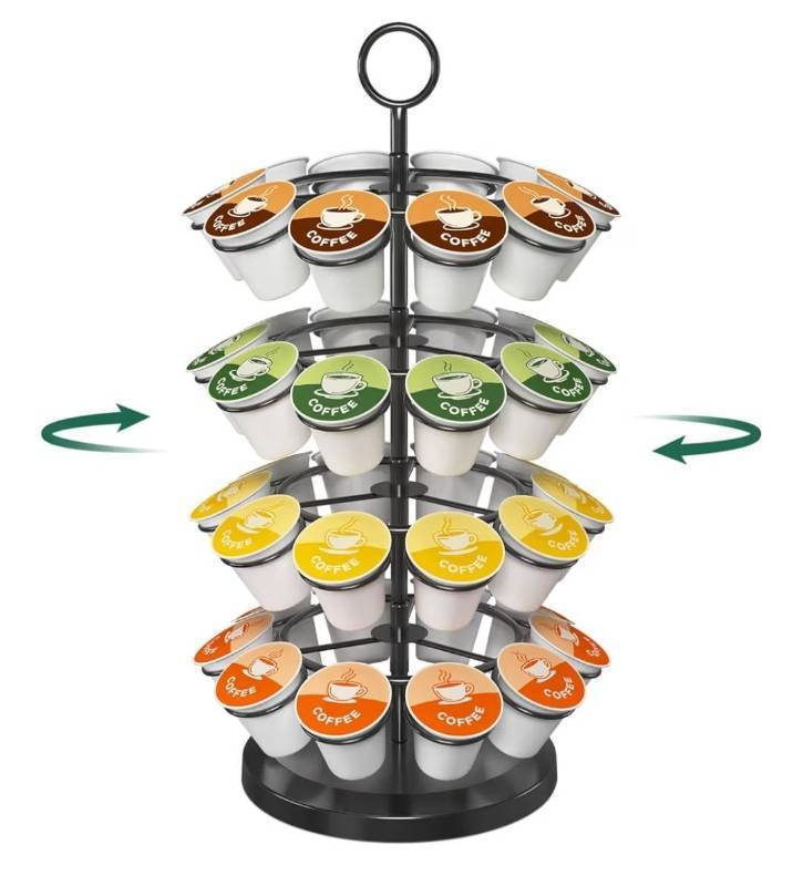 lot 37591 image: K Cup Holder Coffee Pod Organizer Carousel for Counter, Metal Storage Rack Stand for Kitchen, Rotatable 4 Tier Pod Tower Tree for 40 K Cups, Space Saving Meets Elegance - Retail $22