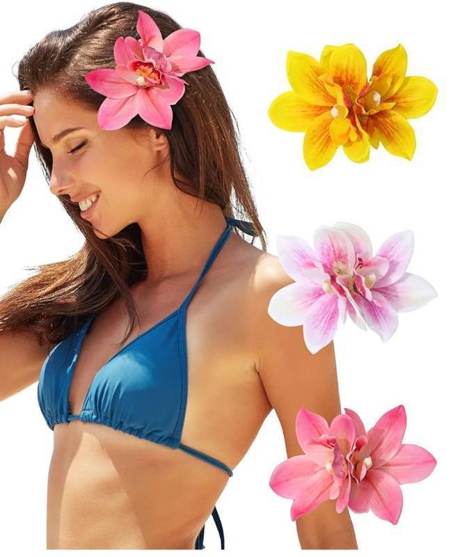lot 57531 image: 3 PCS Hawaiian Hair Accessories Orchid, Hibiscus, and Artificial Flower Barrettes for Women (Pink, Rose, Yellow) - Ideal for Wedding, Bridal, Beach Party - Retail $10