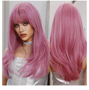 lot 58060 image: Long Straight Pink Wig with Bangs for Women 26 Inch Neon Pink Hair Synthetic Heat Resistant Pastel Layered Wig Sexy Colored Rose Gold Wigs for Cosplay Christmas Gifts Party - Retail $15