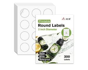 lot 58102 image: A-SUB 2 Inch Round Label Stickers Waterproof Matte White 300 Count - Retail $9