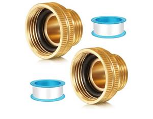 lot 58119 image: 2 Pack Solid Brass Garden Hose Adapter, 34 GHT Garden Hose Male x 1 NPT Female Connector, 1 Inch Male Thread to 1.3 Inch Pipe Fittings Thread, with Rubber Gasket (1FHT x 34MHT) missing pieces  - Retail $15