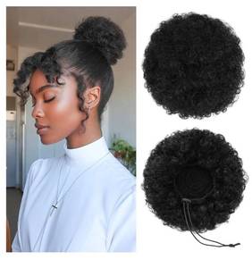 lot 58141 image: 100% Human Hair Afro Puff Drawstring Ponytail for African Black Women Girls��Short Afro Curly Bun Extension ��Kinky Curly Short Extensions Hairpieces - 1B Natural Black Small Size - 1 PIECES - Retail $17