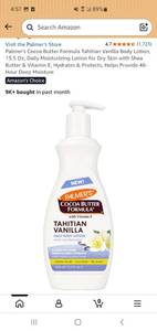 lot 58159 image: Palmers Cocoa Butter Formula Tahitian Vanilla Body Lotion, 13.5 Oz, Daily Moisturizing Lotion for Dry Skin with Shea Butter & Vitamin E, Hydrates & Protects, Helps Provide 48-Hour Deep Moisture - Retail $5