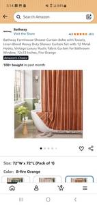 lot 58166 image: Farmhouse Shower Curtain Boho with Tassels, Linen Blend Heavy Duty Shower Curtain Set with 12 Metal Hooks, Vintage Luxury Rustic Fabric Curtain for Bathroom Window, 72x72 Inches, Fire Orange - Retail $28