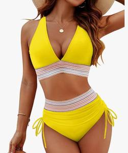 lot 58177 image: Blooming Jelly Women High Waisted Bikini Sets Tummy Control Swimsuits Color Block Two Piece Drawstring Bathing Suit (L) - Retail $28