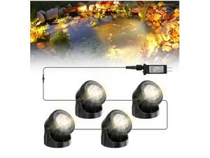 lot 58183 image: Underwater Pond Lights with Timer, 3200K Warm White Submersible LED Fountain Lights with IP68 Waterproof for Outdoor Ponds, Aquarium, Waterfalls, Pool, Garden, Yard (Set of 4) - Retail $23