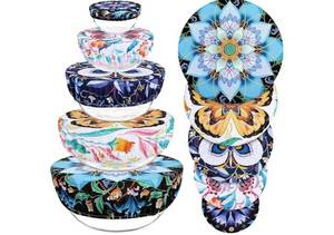 lot 58205 image: 5 Pieces Bowl Covers Reusable, 5 Size Elastic Cloth Bowl Covers for Bread Proofing, Food Covers Washable for Food Fruits Leftover (Lotus Floral) - Retail $12