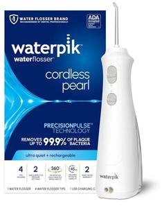 lot 58220 image: Waterpik Cordless Pearl Rechargeable Portable Water Flosser for Teeth, Gums, Braces Care and Travel, Extra Quiet, 4 Flossing Tips - ADA Accepted, WF-13 White, Amazon Exclusive - Retail $34