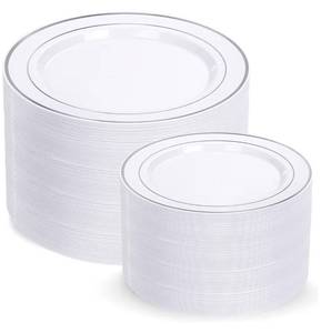 lot 58243 image: 200 Pcs Silver Plastic Plates - Silver Disposable Party Plates Include 100 Dinner Plate and 100 Elegant Dessert Plate Perfect for Party, Holiday, Wedding & Birthday - Retail $50