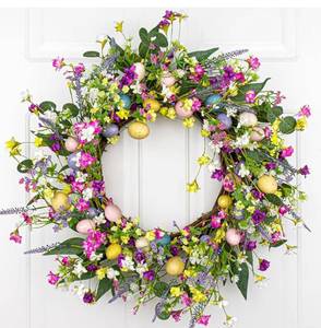 lot 58253 image: 22 inch Easter Wreaths for Front Door Artificial Easter Wreath with 5 Colors Egg for Spring Holiday Indoor Outdoor Porch Wall Window Decor - Retail $35