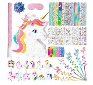 lot 58257 image: Unicorn Pinata Party Favors for Girl Birthday Party Supplies with Unicorn Pinata Stickers Slap Bracelets Keychains Silicone Bands and Straws (White) - Retail $28