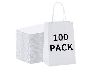 lot 58259 image: BAG BOX 100 Pack 5.9x3.1x8.25 Inch White Gift Bags with Handles, Bulk Kraft Paper Bags for Shopping, Retail, Merchandise, Wedding, Party Favors, Paper Grocery Sacks - Retail $23