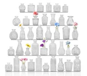 lot 58267 image: Set of 40 Glass Bud Vases, Small Clear Glass Vases in Bulk, Mini Vintage Embossed Flower Vase for Wedding, Centerpieces, Birthday Party, Home Table Decorations, Baby Shower (Clear) - Retail $40