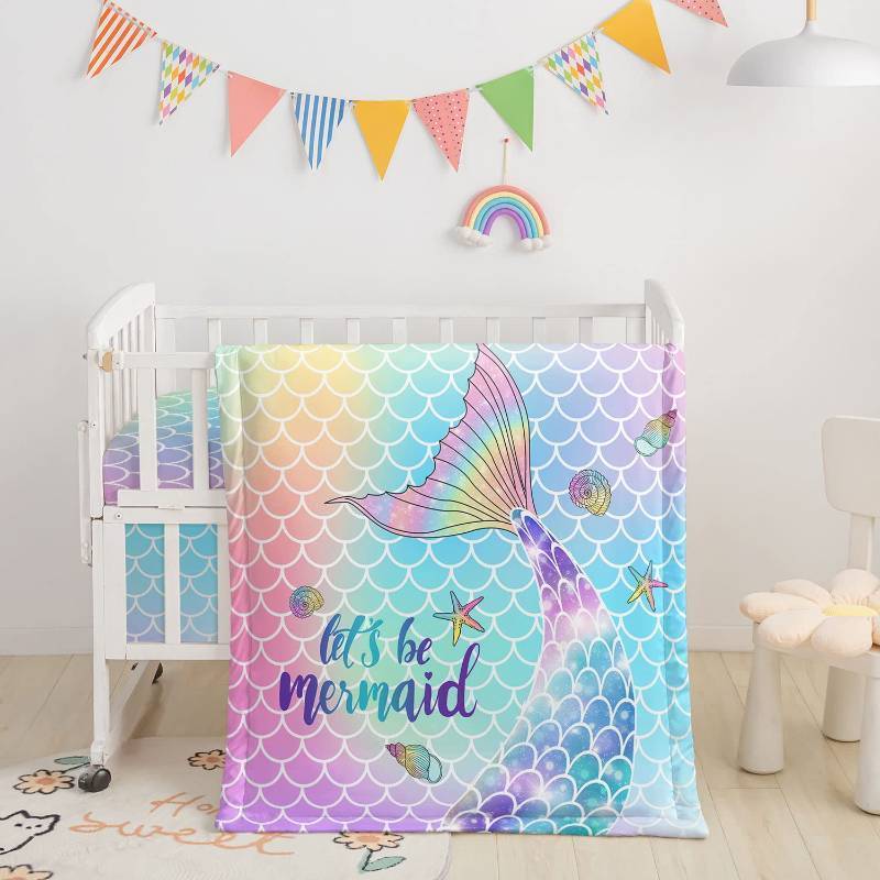 lot 24642 image: Datura Home 2pcs Nursery Crib Bedding Set with Fitted Sheet and Flat Sheet Watercolor Butterfly Printed Nursery Bedding for Baby Boys and Girls (Rainbow Mermaid) - Retail $37