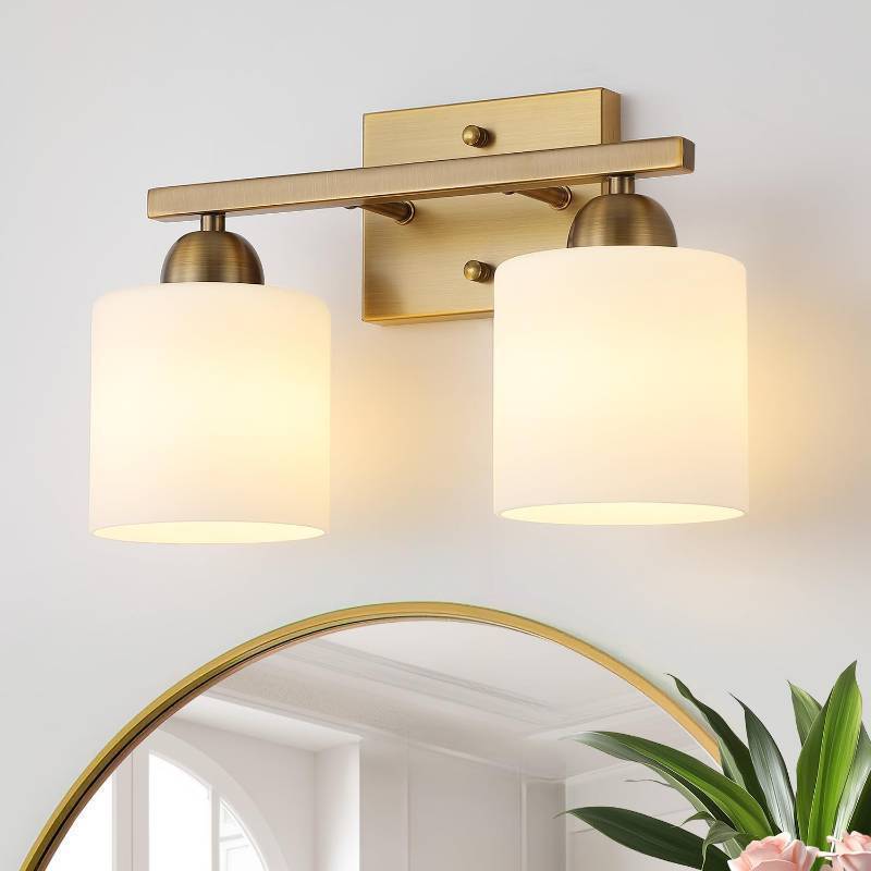 lot 32444 image: Mecgirn Milk Glass Vanity Lights for Bathroom, 2 Light Antique Matte Brass Bathroom Vanity Light Fixtures Over Mirror, Ceramic E26 Sockets Wall Mounted - Retail $72
