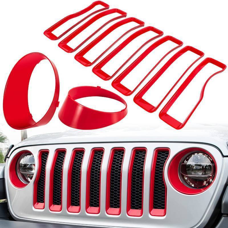 lot 44706 image: Front Grille Mesh Inserts & Headlight Cover for Jeep Wrangler JL JLU Sport & Sport S Only 2018-2023 Exterior Accessories Clip-in Grille Guard Cover Headlight Bezels Trim Ring (Red 9PCS) - Retail $34