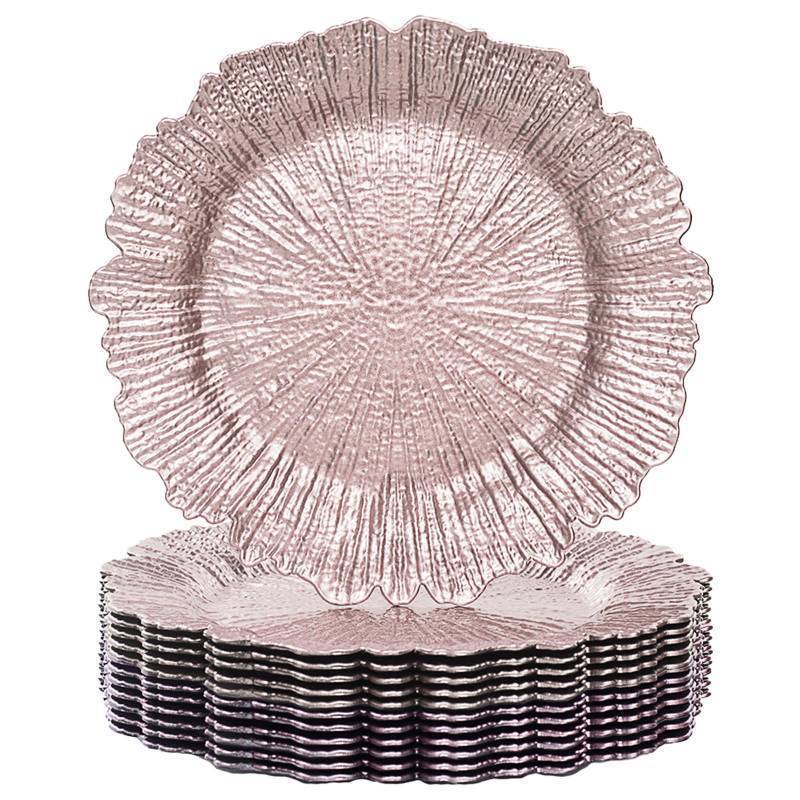 lot 62103 image: MAONAME Pink Charger Plates Set of 12, Reef Plate Chargers for Dinner Plate, Plastic Table Charger Plates for Wedding Bulk, Party - Retail $53