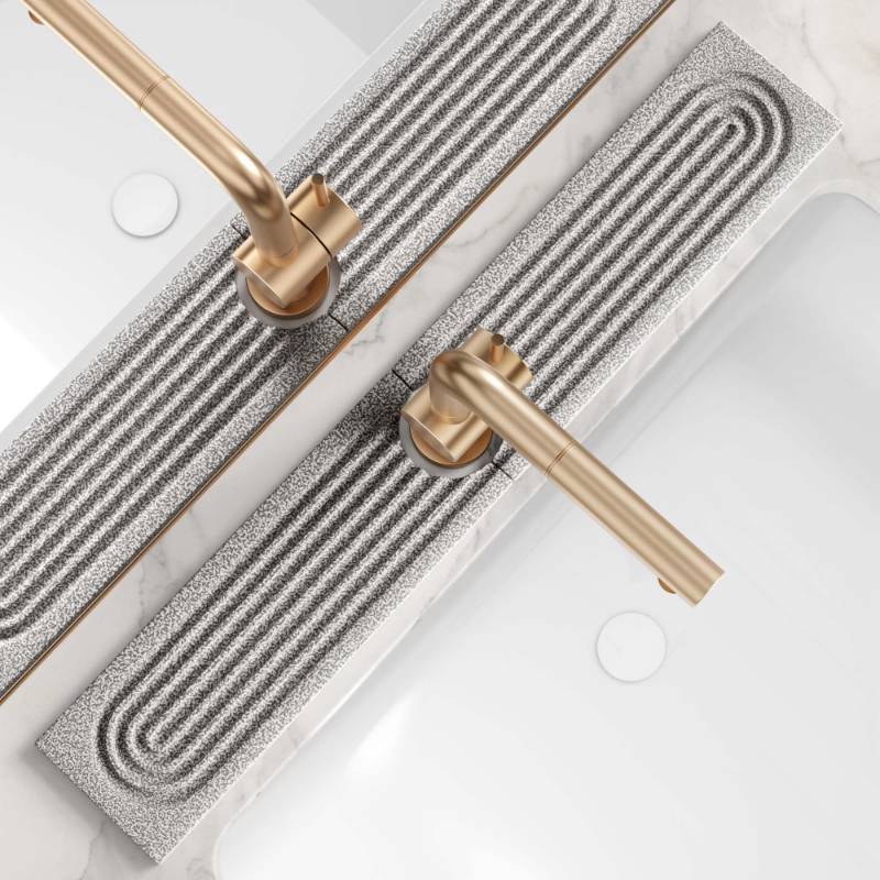 lot 23842 image: Eormoe Stone Kitchen Sink Faucet Mat, Premium Upgraded Food Grade Diatomite Drying Stone Tray & Splash Guard, Fast Drying Sink Protector for Kitchen Counter, Dishwasher Safe (23.6 x 3.9) Cracked - Retail $25