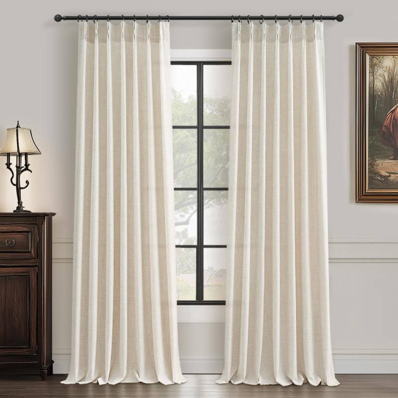 lot 23864 image: PleatedDrapes Semi Sheer Curtains 90 Inches Long for Bedroom Light Filtering Beige Birch Textured Linen Blend Pleat Curtains 7-12 ft Length Hooks Rings&Back Tab for Sliding Glass Doors 2 Panels Set - Retail $53