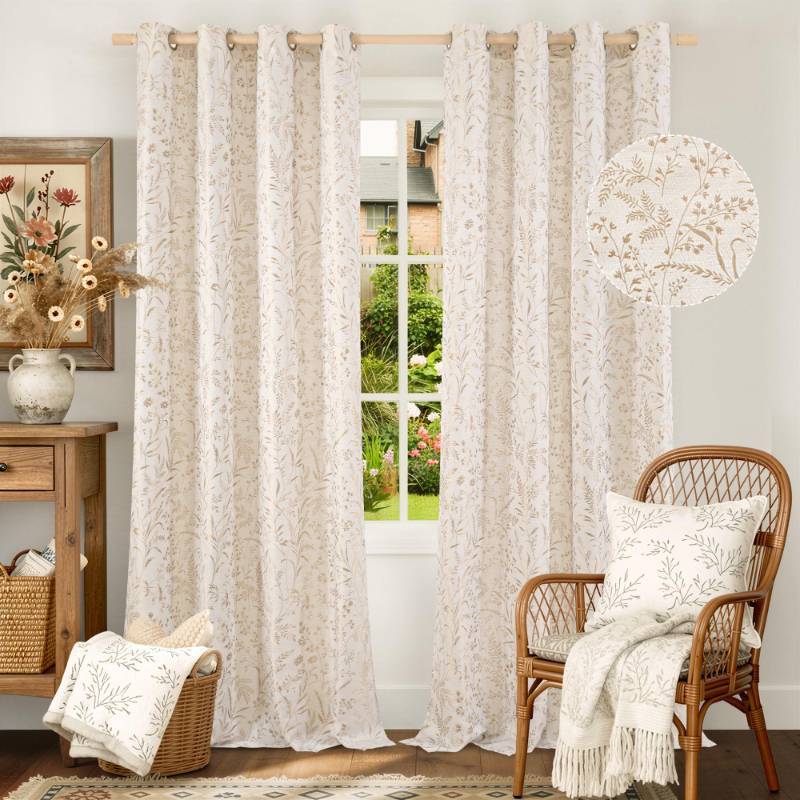 lot 23870 image: BGment Beige Linen Curtains for Living Room 96 Inch Length - French Country Cottage Core Vintage Botanical Jacquard Light Filtering Grommet Window Curtains for Dining Room 2 Panels, Each 52 Inch Wide - Retail $48