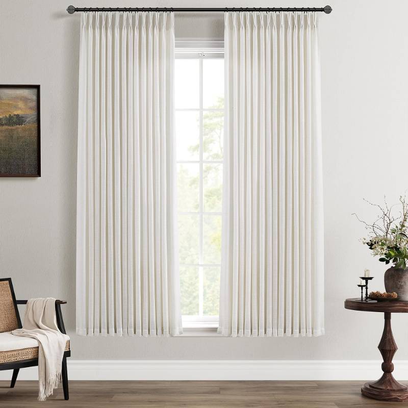 lot 25160 image: Natural Pinch Pleated Semi Sheer Curtains 63 Inch Length 2 Panels for Small Windows Privacy Light Filtering Linen Curtains Cream Beige Neutral Boho Memory Shape Trained Window Drapes with Hooks - Retail $46