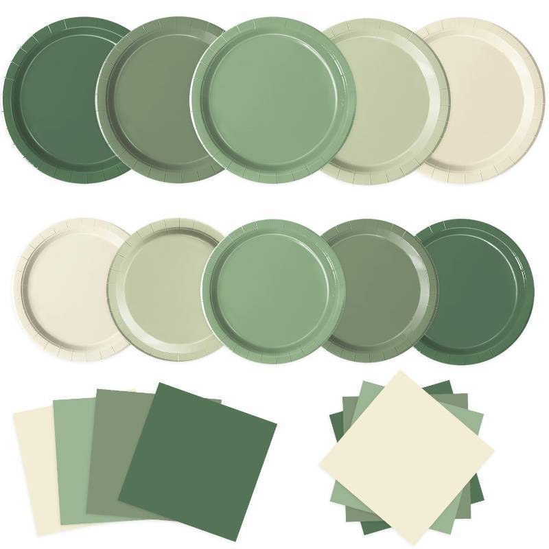 lot 31316 image: Oigco 60 PCS Sage Green Paper Plates, Sage Green Birthday Decorations, Gradient Plates and Napkins for Birthday Wedding Bridal Baby Shower Party Supplies - Retail $14