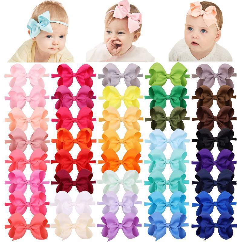 lot 31319 image: jollybows 40pcs 4inches Baby Girls Grosgrain Ribbon Hair Bows Headbands Nylon Elastic Hair Band Hair Accessories for Infants Newborn - Retail $16