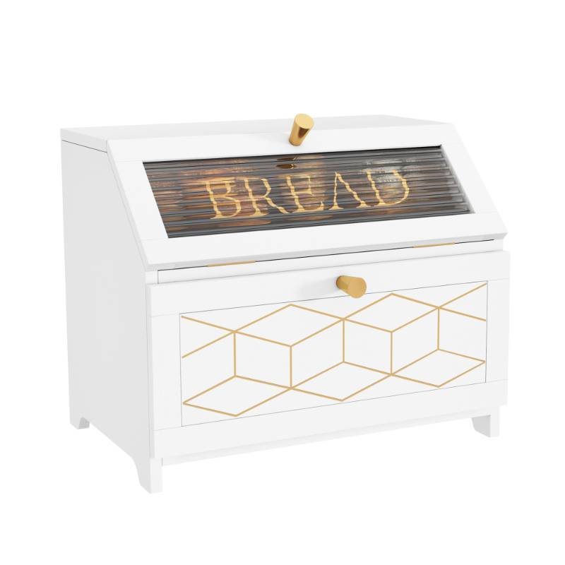 lot 62678 image: HOLTICO Double Layer Bread Box With Golden Trim for Countertop, Wooden Bread Container for Kitchen Counter, Corner Bread Storage (White) - Retail $50