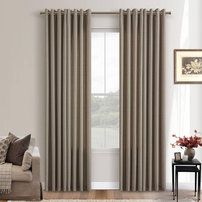 lot 23401 image: Neutral Linen 80 Inch Curtains Tan Brown Bronze Grommet Semi Sheer Light Filtering Privacy Drapes Boho Farmhouse Rustic Bay Window Curtains 80 Inch Length 2 Panels Set for Living Room Bedroom Taupe - Retail $31