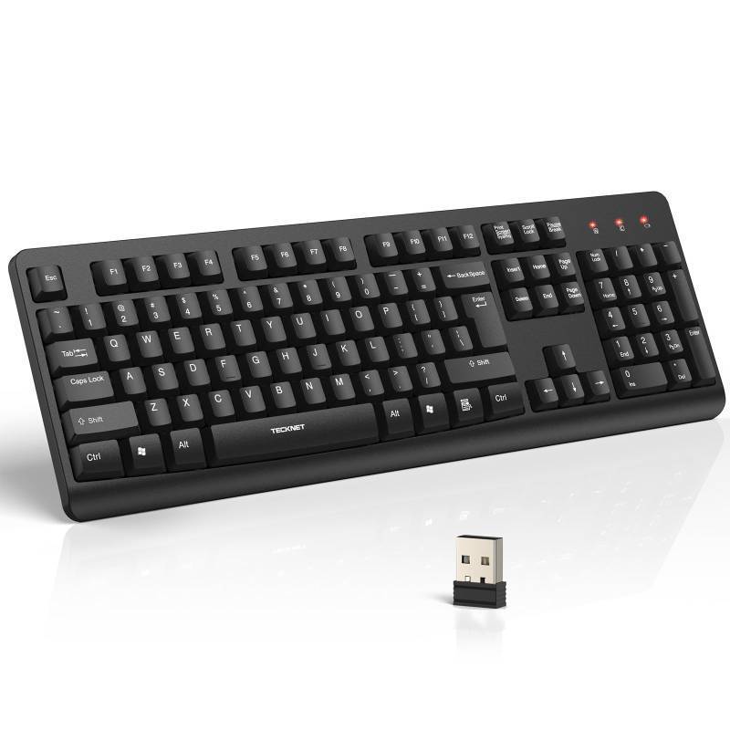lot 25101 image: TECKNET Wireless Keyboard, 2.4G Silent Full-Size USB Keyboard with Number Pad, Ergonomic Keys & Adjustable Feet, Compatible with Laptop, PC, Desktop, Notebook, Windows 111087 Black - Retail $20