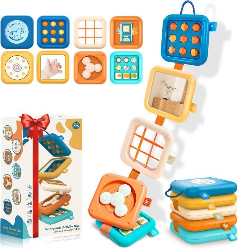 lot 25108 image: Montessori Busy Board for 1 Year Old, Airplane Toys for Babies 6-12 Months, Sensory Fine Motor Skills Activity Cube, Baby Travel Car Seat Toys for Toddler 1-3 - Retail $13