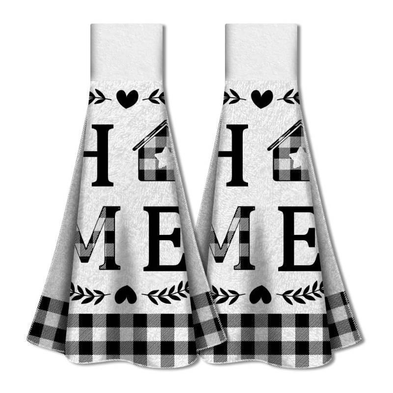 lot 26587 image: WADORN 2Pcs Buffalo Plaid Home Hand Towels with Hanging Loop, Soft Absorbent Black White Plaid Kitchen Towels Country Checkered Farmhouse Dish Cloths for Bathroom Kitchen Home, 17.1x12.4 inches - Retail $13