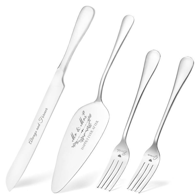 lot 26589 image: Wedding Cake Knife and Server Set, Silver Cake Cutting Set for Wedding, 4 Pieces Set with Forks for Engagements, Anniversaries, Bride and Groom - Retail $17