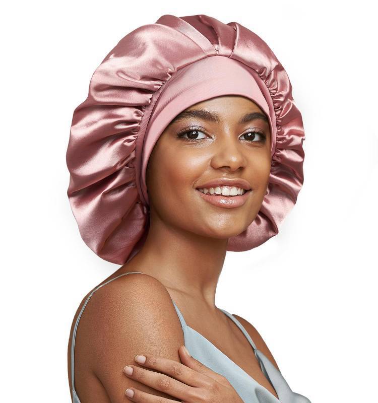 lot 31222 image: 22 Momme 100% Real Mulberry Silk Bonnet for Sleeping Women, Large Hair Care Bonnet for Long Curly Hair, Double Layer Silk Wrap with Soft Elastic Band, Non-Slip Sleep Cap, Pink - Retail $19