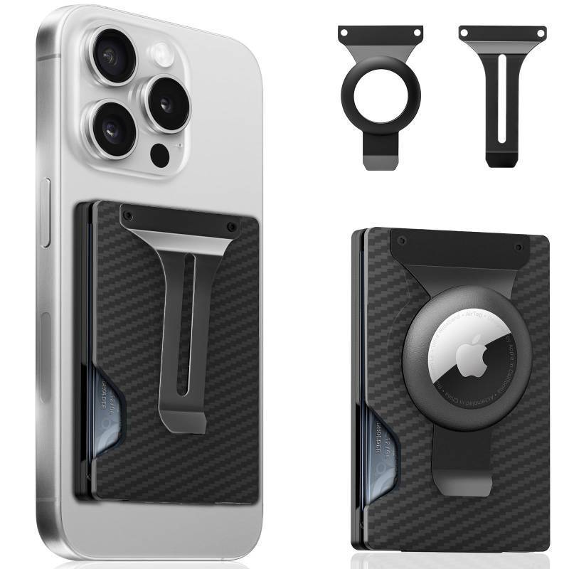 lot 31225 image: Magnetic Phone Wallet Compatible with Apple MagSafe - Metal Card Holder with AirTag Holder, RFID Blocking & Money Clip Mag Safe Wallet for iPhone 16 15 14 13 12 Pro MaxProPlusMini, Carbon Fiber - Retail $24