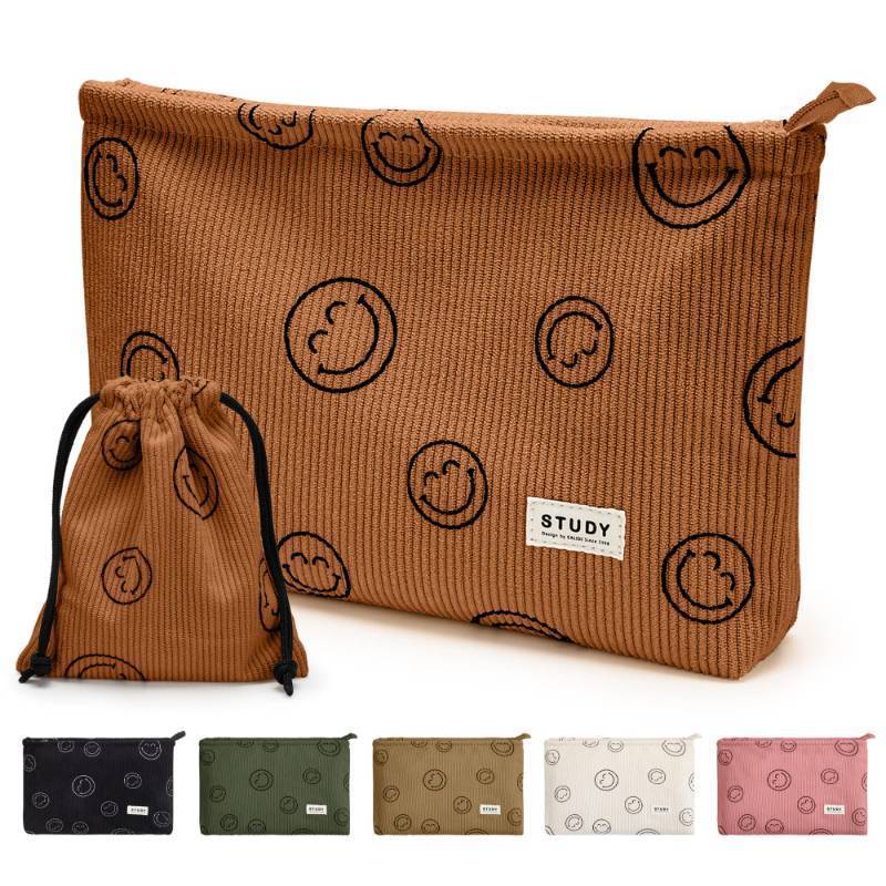 lot 31250 image: WLLWOO Makeup Bag-2pcs Smile Face Corduroy Cosmetic Bag Zipper Interior Waterproof Pencil Case Coin Purse Travel Toiletry Small Makeup Pouch For Women - Retail $7