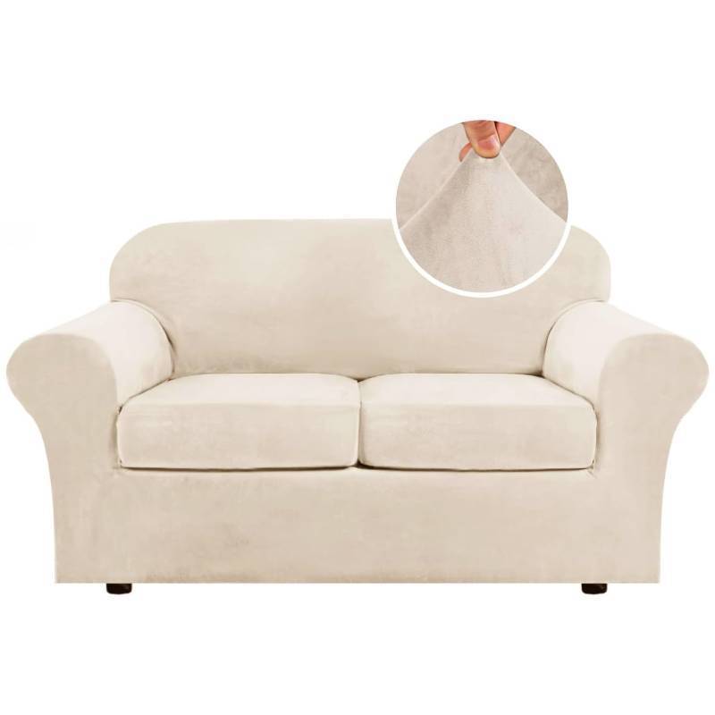 lot 19395 image: H.VERSAILTEX 3 Piece Stretch Sofa Covers Couch Covers for 2 Cushion Couch Loveseat Covers Width Up to 72 Inch Feature Thick Soft Stay in Place (Medium Sofa, Cream) - Retail $41