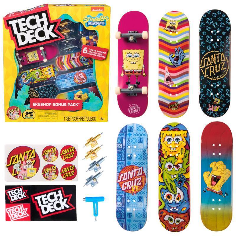 lot 19401 image: TECH DECK, Spongebob Sk8shop Fingerboard Bonus Pack, Collectible and Customizable Mini Skateboards, Kids Toys for Ages 6 and up missing one board - Retail $35
