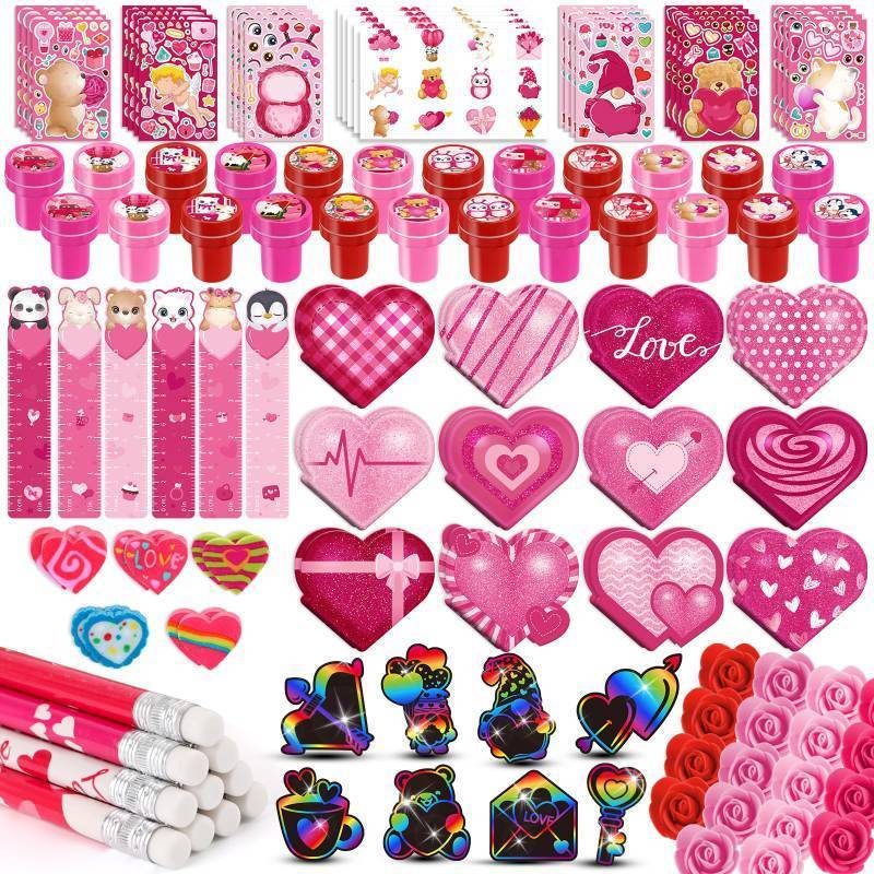 lot 19433 image: BenLouis Valentines Day Stationery Gifts Set for Kids Hearts Pencils Erasers Stickers School Classroom Exchange Reward Prizes Bulk for Students Valentines Party Favors Goodie Bag Filler 216pcs
