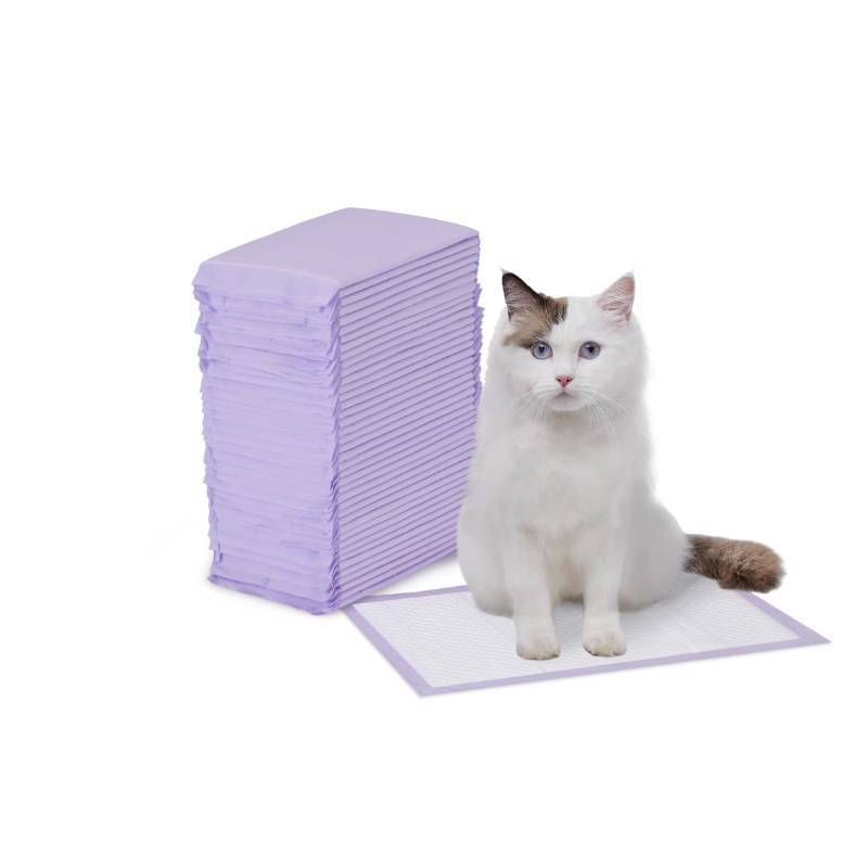 lot 25032 image: Amazon Basics Cat Litter Pee Pads, Super Absorbent, Odor Control with Lemon Scent, Disposable, Universal Fit for Multi Cat Litter Box, Purple and White, 40-Pack - Retail $22