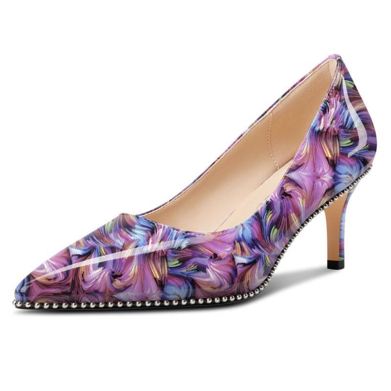 lot 25039 image: Aachcol Womens Pointed Toe Patent Leather Pumps Mid Kitten Heel Slip-on Office Beaded Dress Shoes 2.5 Inches Heels Purple Multicolor 11 M US - Retail $60