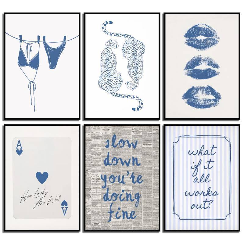 lot 26373 image: 6Pcs Blue Coast Wall Art Blue and White Trend Poster Print Fashion Coast Granddaughter Painting Picture Preppy Wall Decor for Bedroom Dormitory 8x10in Unframed - Retail $10