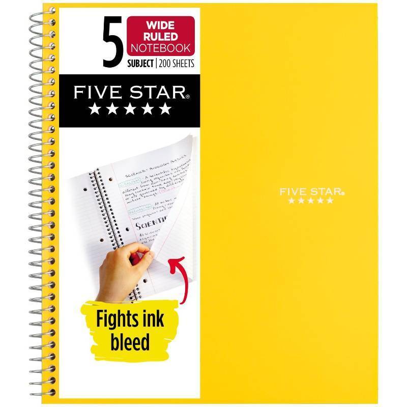 lot 26459 image: Five Star Spiral Notebook, 5 Subject, Wide Ruled Paper, Fights Ink Bleed, Water Resistant Cover, 8 x 10-12, 200 Sheets, Color Will Vary (05206) - Retail $12