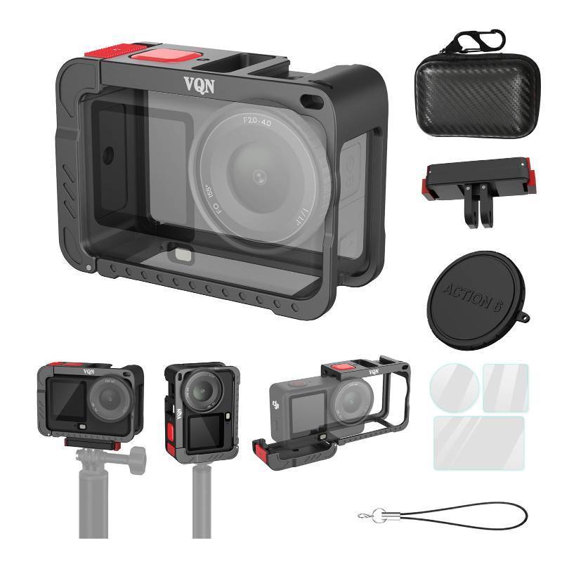 lot 32684 image: VQN Metal Cage for DJI Osmo Action 6 - Aluminum Protective Frame, Cold Shoe Mount, Lens Cap, 6X Screen Protectors, Magnetic Quick Release Mount, Storage Bag Included - Retail $40