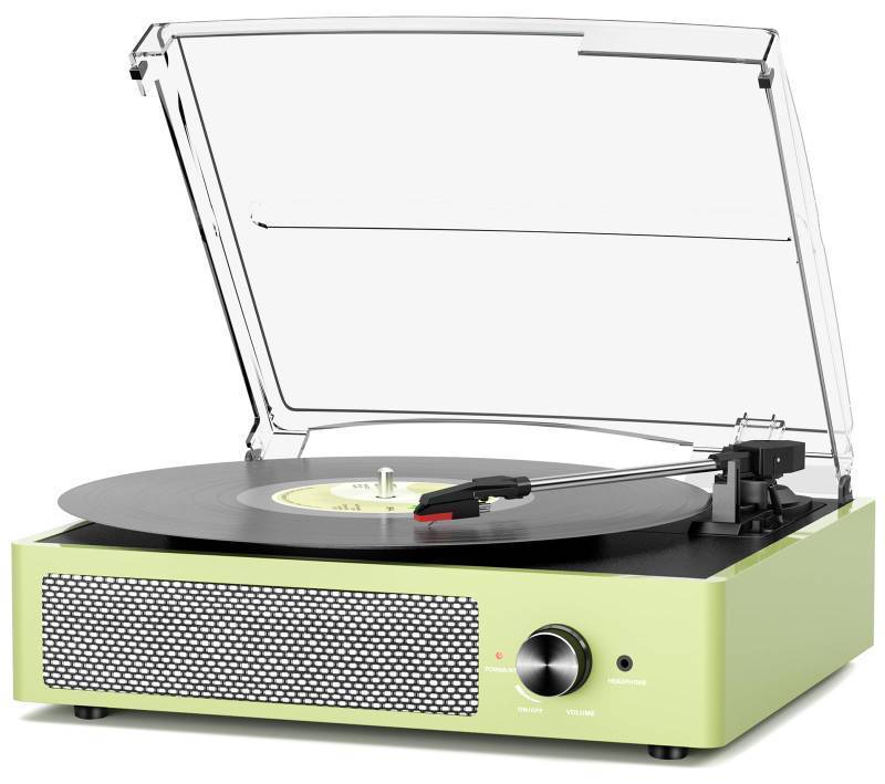 lot 61724 image: Vinyl Record Player with 2 Stereo Speakers Belt-Driven Vintage Turntables 3 Speed 3 Size Wireless Bluetooth Playback AUX-in RCA Out Headphone LP Vinyl Players Auto Stop Light Green - Retail $50