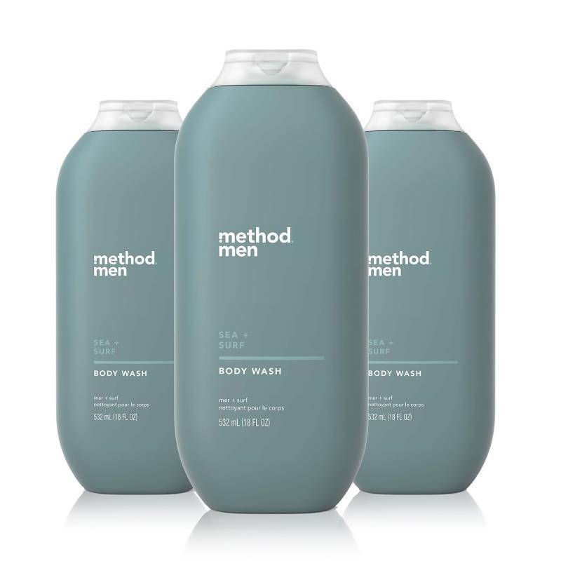 lot 22229 image: Method Men Body Wash, Sea and Surf Scent, Paraben and Phthalate Free, Quick-Lathering Cleansers, Cruelty Free, 18 oz (Pack of 3) - Retail $27